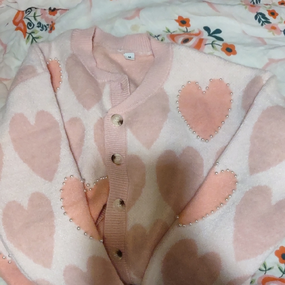 Pink Heart Cardigan with Pearl Accents